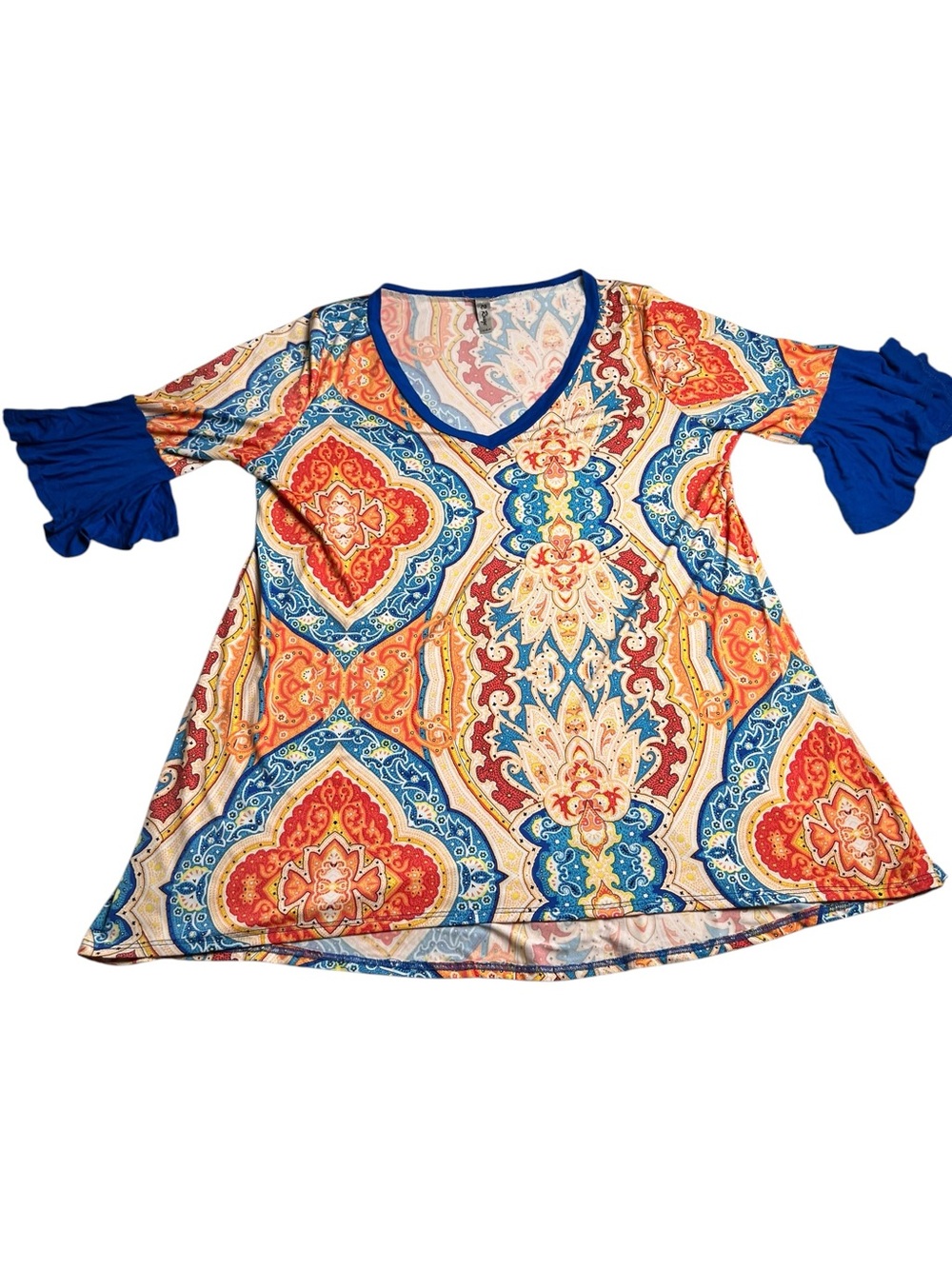 R. Rouge 3X Paisley Tunic Top Blue Orange Bell Sleeve V Neck Boho - Picture 3 of 11